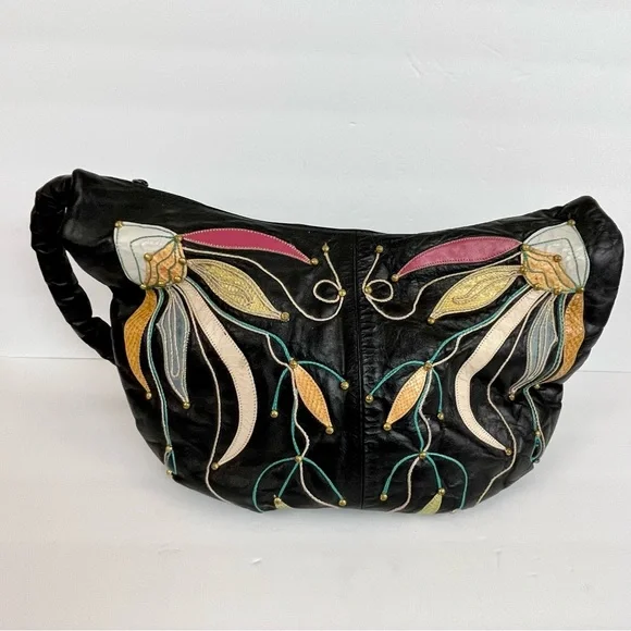 Vintage Black Hobo Bag with Floral Embroidery - Picture 1 of 16